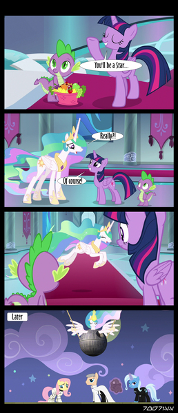 Size: 1288x3000 | Tagged: safe, derpibooru import, edit, edited screencap, editor:teren rogriss, screencap, fluttershy, princess celestia, trixie, twilight sparkle, twilight sparkle (alicorn), ponified, alicorn, dragon, earth pony, pegasus, pony, unicorn, horse play, canterlot castle, clothes, death star, military uniform, orson krennic, stage, star wars, stormtrooper, stormtrooper armor, throne room, tie fighter pilot, uniform