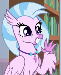 Size: 400x491 | Tagged: a horse shoe-in, bookshelf, cheerful, classical hippogriff, claws, cropped, cute, derpibooru import, diastreamies, female, grin, hippogriff, jewelry, necklace, pearl necklace, safe, screencap, silverstream, smiling, solo, talons, teenager, waving