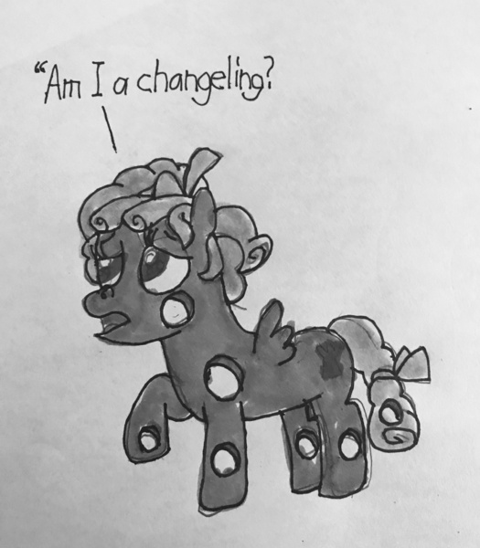 Size: 1121x1280 | Tagged: grotesque, semi-grimdark, artist:whistle blossom, deleted from derpibooru, derpibooru import, cozy glow, pegasus, pony, black and white, body horror, bow, concerned, dialogue, female, filly, foal, grayscale, hair bow, holes, marker drawing, monochrome, one hoof raised, open mouth, simple background, solo, tail bow, traditional art, trypophobia, white background