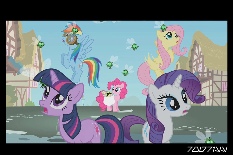 Size: 1288x858 | Tagged: safe, derpibooru import, edit, edited screencap, editor:teren rogriss, screencap, fluttershy, pinkie pie, rainbow dash, rarity, twilight sparkle, earth pony, parasprite, pegasus, pony, unicorn, swarm of the century, coronavirus, covid-19, ponyville, unicorn twilight