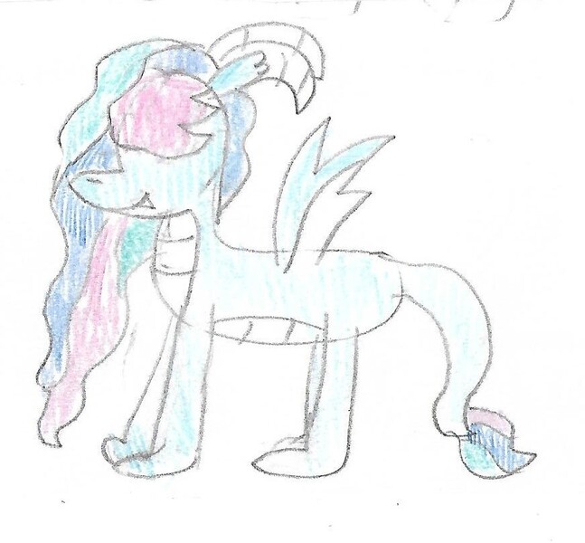 Size: 873x810 | Tagged: safe, artist:ptitemouette, derpibooru import, oc, oc:calm sunset, unofficial characters only, dracony, dragon, hybrid, pony, hair over eyes, horns, interspecies offspring, nonbinary, offspring, parent:princess celestia, parent:princess ember, parents:emberlestia, simple background, solo, traditional art, white background