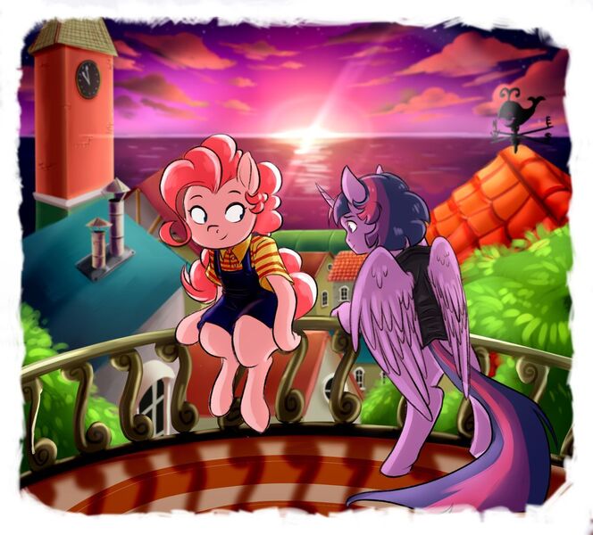 Size: 1280x1157 | Tagged: safe, artist:gloomydinosaur, derpibooru import, pinkie pie, twilight sparkle, twilight sparkle (alicorn), alicorn, earth pony, semi-anthro, bipedal, bipedal leaning, city, clothes, duo, leaning, ocean, seas, sitting, sunset, tree, water