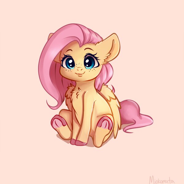 Size: 4000x4000 | Tagged: safe, artist:miokomata, derpibooru import, fluttershy, pegasus, pony, chest fluff, colored hooves, cute, fangs, female, freckles, freckleshy, frog (hoof), looking at you, mare, open mouth, pink background, shyabetes, signature, simple background, sitting, underhoof, weapons-grade cute