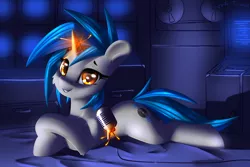 Size: 2400x1600 | Tagged: safe, artist:shido-tara, derpibooru import, oc, oc:homage, pony, unicorn, fallout equestria, bed, crossed hooves, fanfic art, female, glowing horn, hoof on hoof, horn, laying on bed, looking at you, mare, microphone, on bed, prone, simple background, smiling, solo