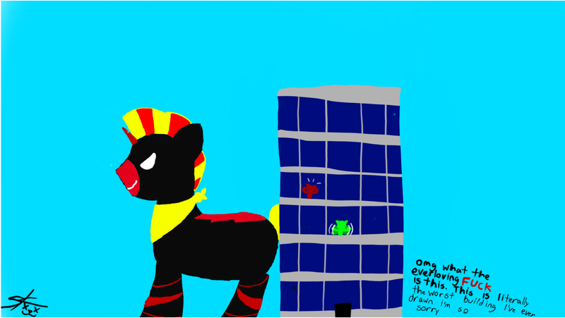 Size: 1650x931 | Tagged: questionable, artist:official_dj_scr4tchk4t, deleted from derpibooru, derpibooru import, oc, oc:gt, pony, blank eyes, building, edgy, giant pony, macro, panicking, quadrupedal, tail aside, watermark