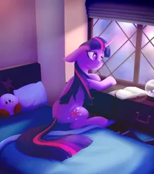 Size: 3840x4320 | Tagged: safe, artist:silshadnic, deleted from derpibooru, derpibooru import, twilight sparkle, twilight sparkle (alicorn), alicorn, pony, absurd resolution, bed, book, crossover, female, floppy ears, kirby, kirby (character), mare, on bed, pillow, plushie, sitting, snow globe, solo, window