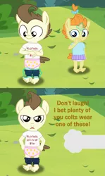 Size: 2311x3870 | Tagged: safe, artist:papadragon69, derpibooru import, pound cake, pumpkin cake, anthro, pegasus, plantigrade anthro, unicorn, 2 panel comic, assisted exposure, baby, clothes, comic, dialogue, diaper, embarrassed, fourth wall, looking at you, looney tunes, pink diaper, prank, reference, stripped by magic, talking to viewer, the wacky wabbit, unamused, underwear