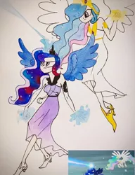 Size: 514x668 | Tagged: alicorn, artist:lunaart, derpibooru import, horn, horned humanization, human, humanized, magic, princess celestia, princess luna, safe, scene interpretation, screencap, screencap reference, the crystalling, traditional art, winged humanization, wings