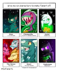 Size: 1715x2045 | Tagged: safe, artist:redheartponiesfan, derpibooru import, adagio dazzle, aria blaze, sonata dusk, cat, enderman, goat, siren, six fanarts, asriel dreemurr, blushing, chompzilla, crossover, female, flower, licking, licking lips, male, minecraft, plant, plants vs zombies, plants vs zombies heroes, sharp teeth, teeth, the dazzlings, tongue out, undertale, you are umasou