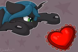 Size: 2322x1563 | Tagged: artist:llametsul, behaving like a cat, blue hair, changeling, changeling queen, cute, cutealis, derpibooru import, female, green eyes, heart, horn, mare, pounce, queen chrysalis, safe, signature, simple background, solo