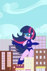 Size: 588x899 | Tagged: safe, artist:deadowlartist, derpibooru import, twilight sparkle, human, equestria girls, clothes, female, giantess, leotard, macro, magic gaia, superhero