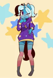 Size: 2790x4050 | Tagged: safe, artist:bloodatius, derpibooru import, trixie, anthro, unicorn, alternate hairstyle, babysitter trixie, clothes, gameloft, gameloft interpretation, hoodie, lgbt headcanon, one eye closed, pride, pride flag, socks, solo, stars, striped socks, thigh highs, trans trixie, transgender, transgender pride flag, wink