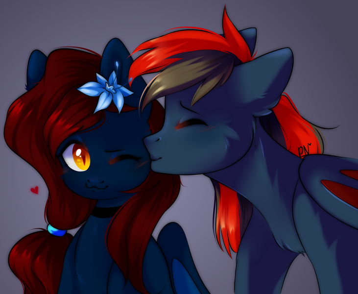 Size: 1781x1461 | Tagged: safe, artist:pledus, derpibooru import, oc, oc:lightning moon, oc:nightingale, unofficial characters only, bat pony, :3, bat pony oc, bat wings, collar, couple, eyes closed, female, kissing, kiss on the cheek, male, one eye closed, poison joke, shipping, simple background, straight, wings, wink