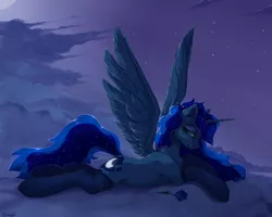 Size: 1800x1440 | Tagged: safe, artist:blackkaries, derpibooru import, princess luna, alicorn, pony, backlighting, beautiful, bedroom eyes, chest fluff, clothes, cloud, draw me like one of your french girls, ear fluff, female, flower, lidded eyes, looking at you, mare, moon, night, on a cloud, prone, rose, shooting star, sky, smiling, socks, solo, stars, wings