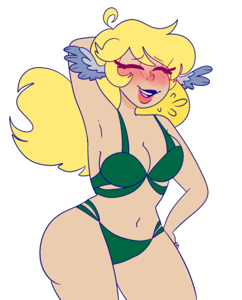 Size: 500x618 | Tagged: arm behind head, armpits, artist:cubbybatdoodles, bikini, blushing, breasts, clothes, derpibooru import, derpy hooves, ditzy doo, female, hand on hip, human, humanized, laughing, pegasus, simple background, solo, suggestive, swimsuit, transparent background, wing ears