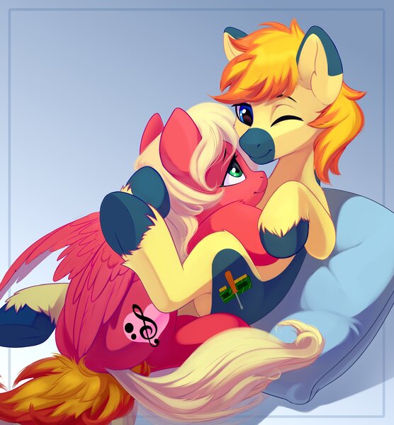 Size: 3793x4096 | Tagged: safe, artist:taneysha, derpibooru import, oc, oc:melodis, oc:yaktan, unofficial characters only, earth pony, pegasus, pony, commission, cuddling, female, hug, male, melotan, on back, on pillow, pillow, shipping, straight, unshorn fetlocks