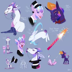 Size: 1600x1600 | Tagged: safe, artist:qatsby, derpibooru import, oc, oc:astral showers, oc:hat trick, oc:malignant beauty, unofficial characters only, draconequus, hybrid, pony, rabbit, animal, beard, blue background, facial hair, height difference, interspecies offspring, magic trick, magical lesbian spawn, next generation, offspring, parent:discord, parent:rainbow dash, parent:rarity, parent:starlight glimmer, parent:tempest shadow, parent:trixie, parents:raricord, parents:startrix, parents:tempestdash, simple background, tongue out, tophat