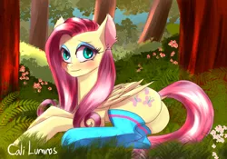 Size: 2248x1575 | Tagged: suggestive, artist:cali luminos, derpibooru import, fluttershy, pegasus, pony, blushing, clothes, cute, female, flower, folded wings, forest, looking at you, mare, outdoors, prone, shy, smiling, socks, solo, stockings, thigh highs, tree, wings