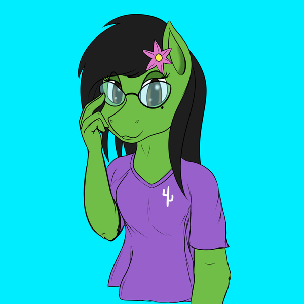 Size: 1000x1000 | Tagged: safe, artist:darnelg, derpibooru import, oc, oc:prickly pears, anthro, earth pony, beauty mark, clothes, female, flower, flower in hair, glasses, looking at you, shirt