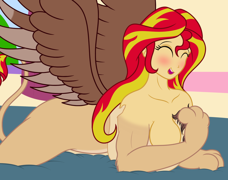 Size: 2552x2021 | Tagged: questionable, artist:badumsquish, derpibooru import, sunset shimmer, oc, oc:generic messy hair anime anon, human, monster girl, sphinx, equestria girls, bed, bedroom, boob smothering, breasts, eyes closed, female, female on male, female on top, femdom, grin, happy, hug, interspecies, lying down, male, monster, nudity, on back, paws, pinned, prone, size difference, smiling, smothering, solo, solo female, species swap, sphinxified, spread wings, spreading, straight, wingboner, wings