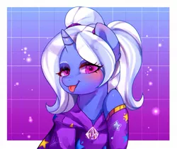 Size: 1163x975 | Tagged: safe, artist:riukime, derpibooru import, trixie, pony, unicorn, :p, alternate hairstyle, babysitter trixie, blushing, clothes, female, hoodie, looking at you, mare, pigtails, solo, tongue out, twintails