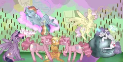 Size: 4860x2440 | Tagged: safe, artist:shinningblossom12, derpibooru import, tom, twilight sparkle, twilight sparkle (alicorn), oc, oc:bubble pie, oc:caramel apple, oc:flutterscotch, oc:pinkie berry, oc:rainbow ditz, oc:timber shine, oc:zoe, unofficial characters only, alicorn, earth pony, pony, unicorn, alternate cutie mark, angry, chest fluff, cloud, colored hooves, discorded, earth pony oc, eye clipping through hair, freckles, glowing horn, horn, magic, next generation, on a cloud, parent:applejack, parent:fluttershy, parent:pinkie pie, parent:rainbow dash, parent:rarity, parent:twilight sparkle, telekinesis