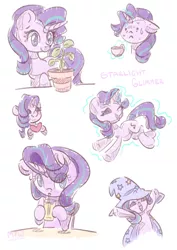 Size: 1240x1754 | Tagged: safe, artist:musicfirewind, derpibooru import, phyllis, starlight glimmer, pony, unicorn, accessory theft, cape, clothes, cup, glass, hat, heart, magic, magic aura, solo, starlight wearing trixie's hat, straw, table, teacup, text, trixie's cape, trixie's hat