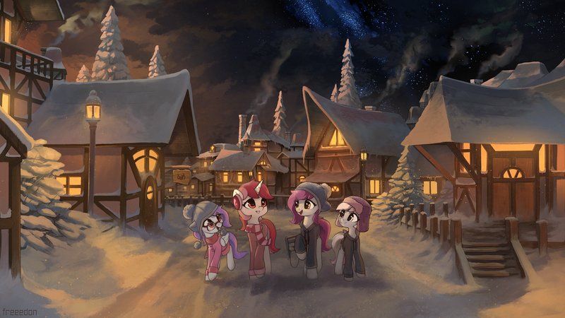 Size: 2560x1440 | Tagged: safe, artist:freeedon, derpibooru import, oc, oc:cybil, oc:ruby, unofficial characters only, earth pony, pegasus, pony, unicorn, clothes, deerstalker, earmuffs, female, hat, hoodie, mare, night, scarf, scenery, snow, streetlight, sweater, toque, winter