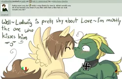 Size: 843x548 | Tagged: safe, artist:ask-pony-gerita, derpibooru import, ponified, earth pony, pegasus, pony, ask, eyes closed, female, hetalia, jewelry, kissing, male, mare, necklace, prone, stallion