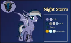 Size: 4000x2469 | Tagged: safe, artist:n0kkun, derpibooru import, oc, oc:night storm (ice1517), bat pony, pony, bat pony oc, bat wings, blue background, ear piercing, earring, eyebrow piercing, grin, jewelry, male, multicolored hair, necklace, piercing, reference sheet, ring, simple background, smiling, solo, stallion, tattoo, wedding ring, wings