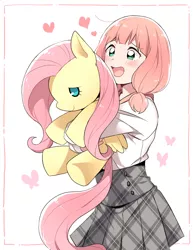 Size: 652x843 | Tagged: artist:re_ghotion, bang dream, blushing, crossover, cute, derpibooru import, fluttershy, fluttershy plushie, heart, human, pixiv, safe, uehara himari, voice actor joke