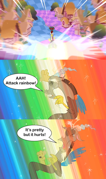 Size: 2000x3376 | Tagged: chaos, comic, derpibooru import, discord, discorded landscape, draconequus, edit, edited screencap, eyes closed, gravity falls, ponyville, reference, safe, screencap, screencap comic, soos, speech bubble, taste the rainbow, the return of harmony