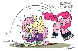 Size: 1024x669 | Tagged: safe, artist:bobthedalek, derpibooru import, fluttershy, pinkie pie, earth pony, pegasus, pony, bathrobe, bed mane, clothes, duo, female, morning ponies, newbie artist training grounds, newspaper, pajamas, robe, shrunken pupils, springs, startled