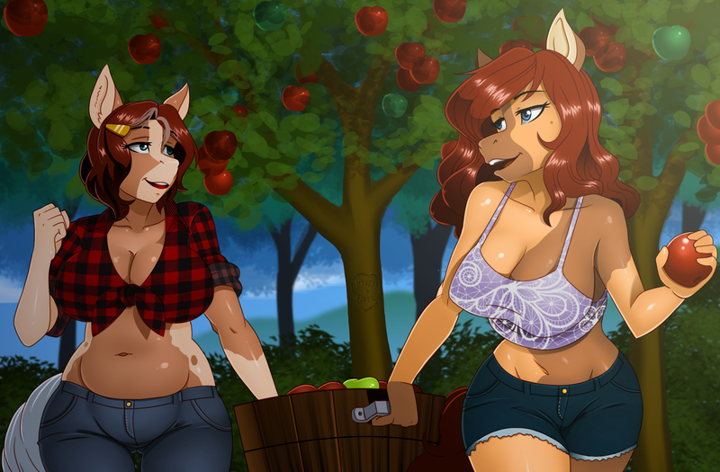 Size: 2312x1516 | Tagged: suggestive, artist:chacrawarrior, derpibooru import, oc, oc:honeycrisp meadow, oc:honeypot meadow, unofficial characters only, anthro, earth pony, 2020, 2020s, anthro oc, apple, apple tree, beauty mark, big breasts, blue eyes, breasts, bucket, carrying, clothes, denim shorts, digital art, earth pony oc, female, food, gilf, green eyes, jeans, mare, milf, mother and child, mother and daughter, orchard, pants, shorts, smiling, tanktop, tied shirt, tree