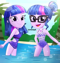 Size: 2000x2100 | Tagged: safe, artist:artmlpk, derpibooru import, sci-twi, twilight sparkle, equestria girls, alternate hairstyle, beach, breasts, cleavage, clothes, cute, digital art, duo, duo female, female, glasses, hair bun, looking at you, open mouth, open-back swimsuit, palm tree, sleeveless, smiley face, smiling, smiling at you, summer, swimsuit, tree, twiabetes, twolight, watermark