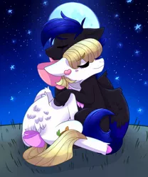 Size: 700x843 | Tagged: artist:narik, derpibooru import, hug, love, moon, oc, oc:nat thunder, oc:sweetie heartcloud, pegasus, romantic, safe, scar, stars