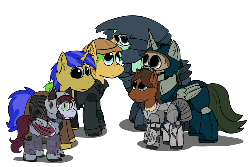 Size: 4245x2863 | Tagged: safe, artist:capt-sierrasparx, derpibooru import, oc, oc:bitwise, oc:jade jump, oc:kraken kissed, oc:lunar spice, oc:screaming eagle, oc:star sapphire, unofficial characters only, alicorn, bat pony, earth pony, unicorn, fallout equestria, armor, artificial alicorn, clothes, duster, fallout, female, foe adventures, green alicorn (fo:e), group photo, group shot, helmet, jacket, lunump, male, mare, pipbuck, power armor, stallion, stealth suit