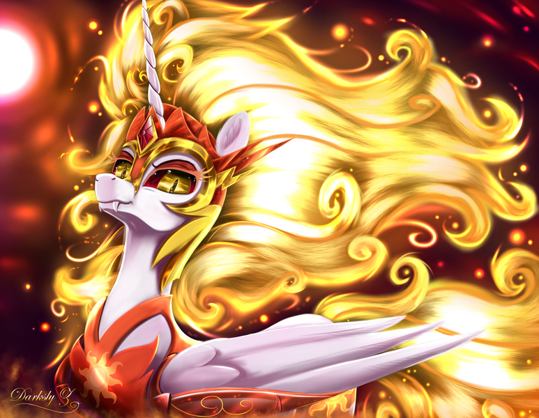Size: 4188x3250 | Tagged: safe, artist:darksly, derpibooru import, daybreaker, alicorn, pony, a royal problem, absurd resolution, crown, eyelashes, fangs, female, fire, flowing mane, flowing tail, high res, horn, jewelry, lidded eyes, looking at you, mane of fire, mare, regalia, signature, solo, sun, yellow eyes