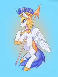 Size: 750x1000 | Tagged: safe, artist:margony, derpibooru import, pegasus, pony, armor, flying, helmet, hoof shoes, male, royal guard, solo, spear, stallion, weapon