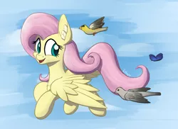 Size: 1850x1350 | Tagged: safe, artist:litrojia, derpibooru import, fluttershy, bird, butterfly, dove, pegasus, pony, abstract background, atg 2020, cheek fluff, chest fluff, ear fluff, female, finch, flying, goldfinch, looking at someone, looking back, mare, mourning dove, newbie artist training grounds, open mouth, outdoors, sky, smiling, spread wings, wings