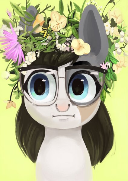 Size: 2897x4096 | Tagged: safe, artist:toisanemoif, derpibooru import, oc, unofficial characters only, pony, :i, bust, female, floral head wreath, flower, glasses, nose piercing, piercing, portrait, solo