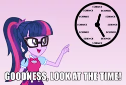 Size: 700x475 | Tagged: safe, artist:wawtoons, derpibooru import, sci-twi, twilight sparkle, equestria girls, bowtie, caption, clock, clothes, female, glasses, image macro, look at the time, meme, my little pony logo, pointing, ponytail, science, skirt, solo, text, that pony sure does love science, vector