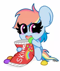 Size: 1200x1414 | Tagged: safe, artist:kittyrosie, derpibooru import, rainbow dash, pegasus, blushing, candy, cute, dashabetes, eating, female, food, happy, hoof hold, mare, micro, open mouth, signature, skittles, smiling, solo