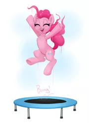 Size: 1408x1956 | Tagged: safe, artist:confetticakez, derpibooru import, pinkie pie, earth pony, pony, atg 2020, chest fluff, cute, diapinkes, eyes closed, female, jumping, mare, newbie artist training grounds, open mouth, simple background, solo, trampoline, white background