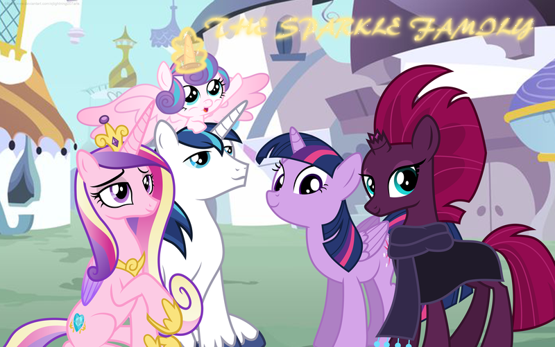 Size: 4770x2985 | Tagged: safe, artist:cloudyglow, artist:ejlightning007arts, artist:melisareb, derpibooru import, fizzlepop berrytwist, princess cadance, princess flurry heart, shining armor, tempest shadow, twilight sparkle, twilight sparkle (alicorn), alicorn, unicorn, baby, broken horn, canterlot, clothes, cute, eye scar, family photo, female, horn, lesbian, magic, male, married couple, scar, scarf, shiningcadance, shipping, straight, telekinesis, tempestlight, winter coat