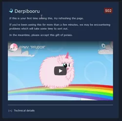 Size: 650x644 | Tagged: cursor, derpibooru, derpibooru import, error message, meta, oc, oc:fluffle puff, pink fluffy unicorns dancing on rainbows, play button, rainbow, safe, song, youtube