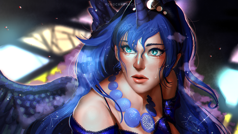 Size: 4093x2307 | Tagged: artist:monochromacat, clothes, crown, derpibooru import, digital art, female, horn, horned humanization, human, humanized, jewelry, princess luna, regalia, safe, sailor moon, sailor moon redraw meme, serena tsukino, solo, winged humanization, wings