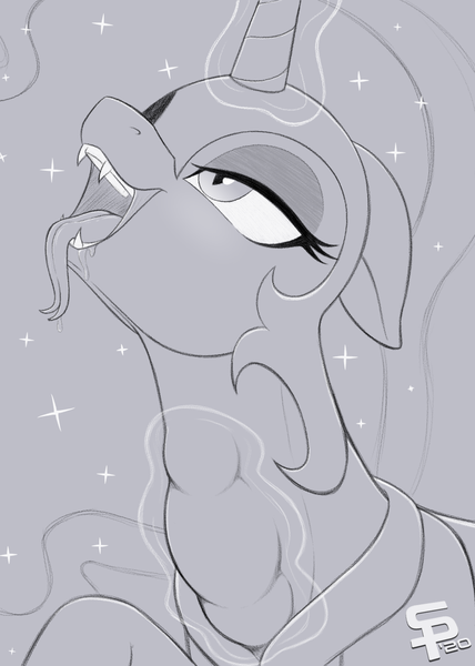 Size: 914x1280 | Tagged: questionable, artist:suspega, derpibooru import, nightmare moon, alicorn, pony, ahegao, bedroom eyes, bust, drool, ethereal mane, eyeshadow, floppy ears, forked tongue, glowing horn, gray background, grayscale, helmet, horn, kitchen eyes, magic, makeup, micro, monochrome, one hoof raised, open mouth, peytral, simple background, size difference, sketch, swallowing, telekinesis, throat bulge, throatplay, tongue out, vore