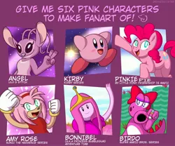 Size: 4096x3400 | Tagged: safe, artist:synergicstar, derpibooru import, pinkie pie, birdo, earth pony, pony, six fanarts, :d, adventure time, amy rose, angel (lilo and stitch), bow, crossover, female, hair bow, kirby, kirby (character), kirby pie, lilo and stitch, male, mare, mario bros., princess bubblegum, smiling, sonic the hedgehog (series), super mario bros.