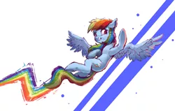 Size: 4000x2550 | Tagged: safe, artist:vanillaghosties, derpibooru import, rainbow dash, pegasus, pony, atg 2020, backwards cutie mark, female, flying, high res, image, looking at something, mare, newbie artist training grounds, png, rainbow trail, smiling, solo, spread wings, waving, wings